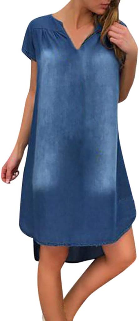 iLUGU Women Casual Loose Button Up Dress V Neck Jeans Dresses