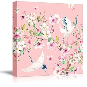 Square Pink Watercolor Style Painting of a Crane...