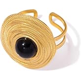 Unique Boho Black Gemstone Cocktail Party Statement Ring for Women Stainless Steel Adjustable Chunky Geometric Round Disc Open Wrap Promise Finger Band Knuckle Rings Dainty Stacking Jewelry Daughter
