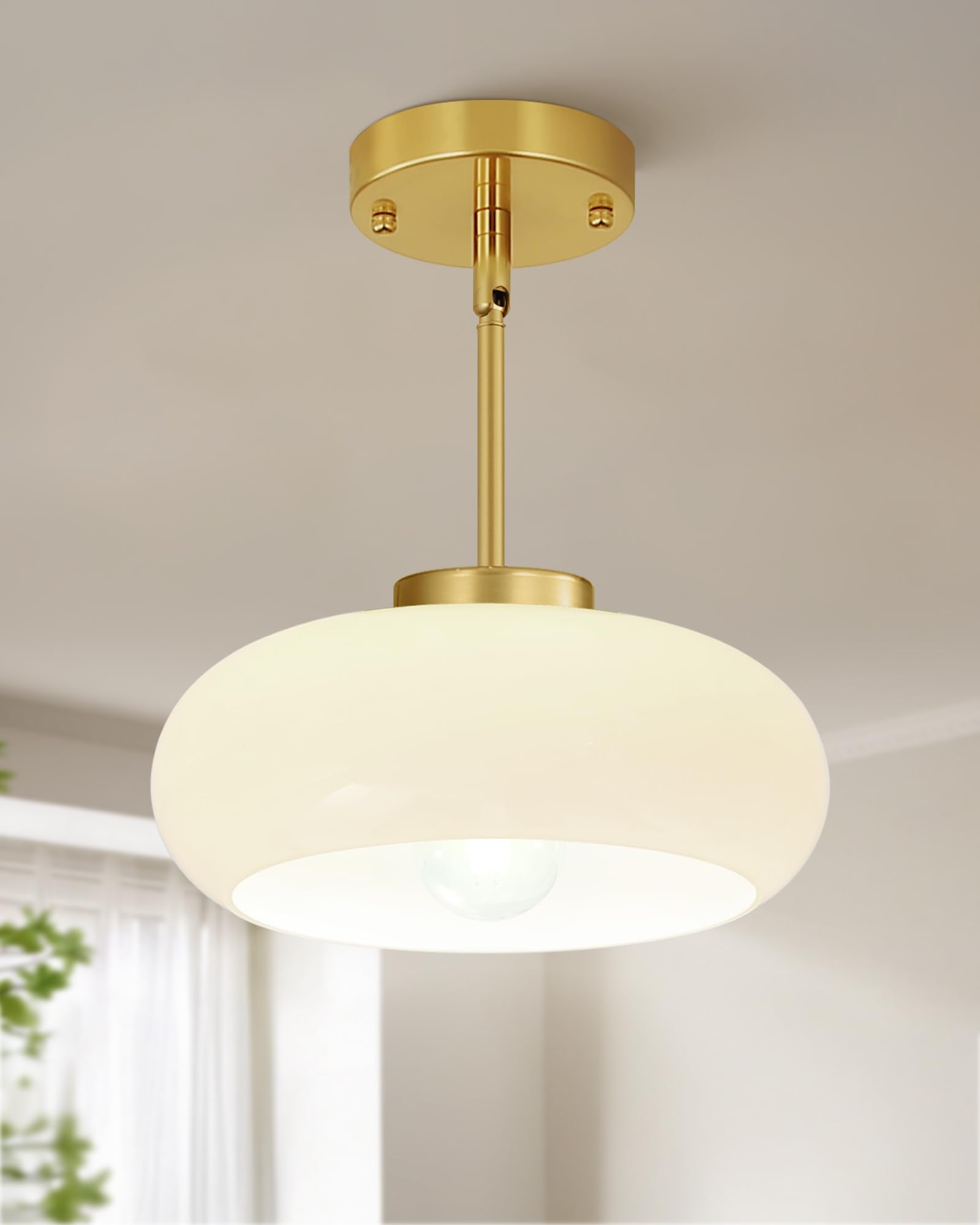 Photo 1 of Yunnix Semi Flush Mount Ceiling Light, Gold Light Fixture, Mid-Century Modern Farmhouse Milk Glass Small Light Fixtures for Hallway, Bathroom, Kitchen, Bedroom, Living Room, Closet, Laundry