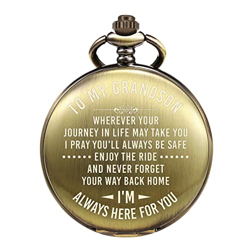 TREEWETO Mens Engraved Pocket Watch Gifts from Grandpa Grandma, Unique Birthday Gift Ideas for Grandson, Graduation Gifts for Him, Present for Men