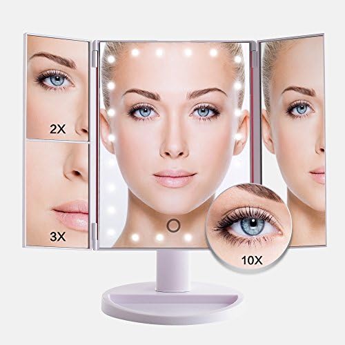 Vanity Mirror, 180° Adjustable Touch-Screen Makeup Mirror With 24 LED Lights, Portable Tri-Fold Design 2 X 3X 10X（White）