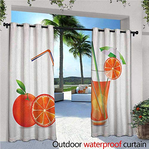Green and Orange Patio Curtains Glass of Orange Juice with Fruits with Colorful Straws Summertime Theme Outdoor Curtain for Patio,Outdoor Patio Curtains W96 x L108 Multicolor