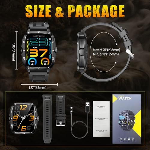 LBOYLOVE® Military Smart Watch for Men, Outdoor Waterproof Smart Watch, 1.96'' Big Screen, Answer Call, Fitness Track, Blood Oxygen, Heart Rate and Sleep Monitor, for iPhone and Android Phones