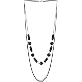 COOLSTEELANDBEYOND Long Black Beaded Necklace, Dual-Layer Chains with Cylindrical Round Beads, Bold Statement Jewelry