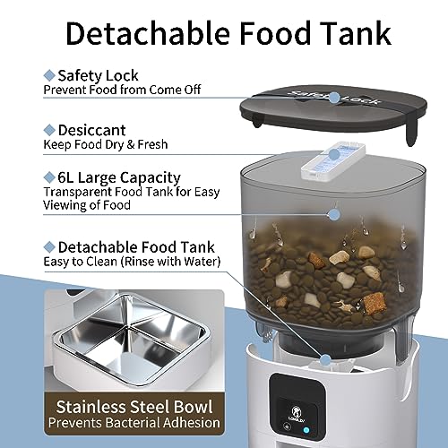 Dispensador de Alimento para Perros WiFi, Comedero Automático para Gatos, con Tazón de Acero Inoxidable, para Perro o Gato, Grabación de voz de 10 Segundos, Control Remoto, Alimentación Automática(6L)