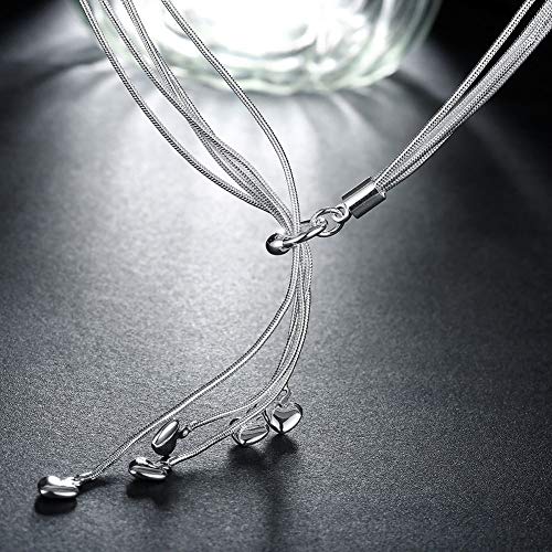 Silver Initial Chain Necklace, Five-line Chain with Five-Heart Charm Love Heart Necklace(20")