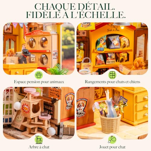 Rolife DIY Miniature Dollhouse Fluffy Friends Store 397 Pcs Wood Kit | 1:18 Scale LED Lighting Grooming Salon 7H Mounting Snap-Fit Intermediate Wooden Puzzle 3D Gift Adult Teen