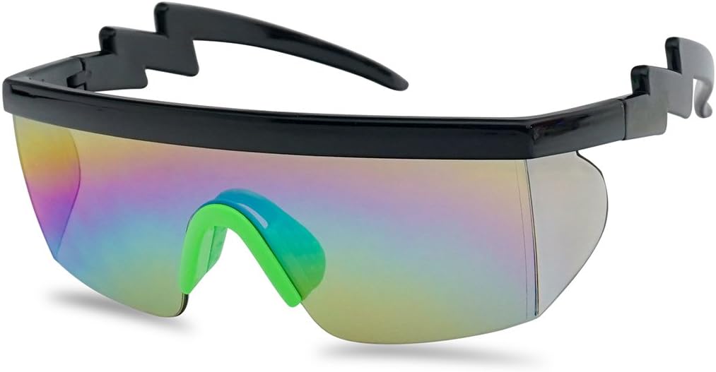 Large Wrap Around Rainbow Mirrored Semi Rimless Flat Top Shield Goggles Sunglasses (Black Green Frame | Rainbow Mirror)
