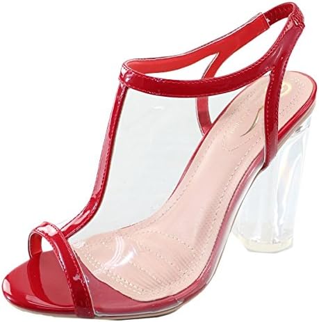 Elegant Footwear Women's Clear Lucite T-Strap Slingback Chunky Heel Sandal (6 B(M) US, Red)