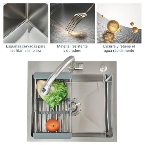 TVTIUO Kitchen Sink, Multifunctional Kitchen Sink with Pull Out Tap and Soap Dispenser, Brushed Finish (50 x 45 cm)