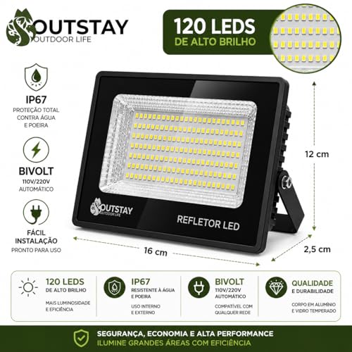 Refletor LED 400W 120 LEDs Branco Frio Bivolt IP67 Alta Potência Para Área Externa OutStay