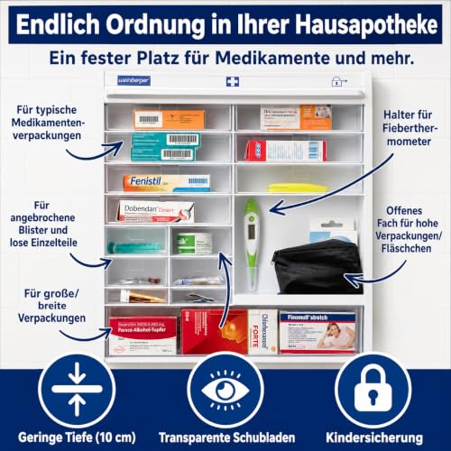 Weinberger Hanging Medicine Cabinet with 14 Compartments for Storing Medicines and First Aid Material, Medicine Cabinet with Child Lock and Blind, Home Medicine Cabinet, Medicine Cabinet in White