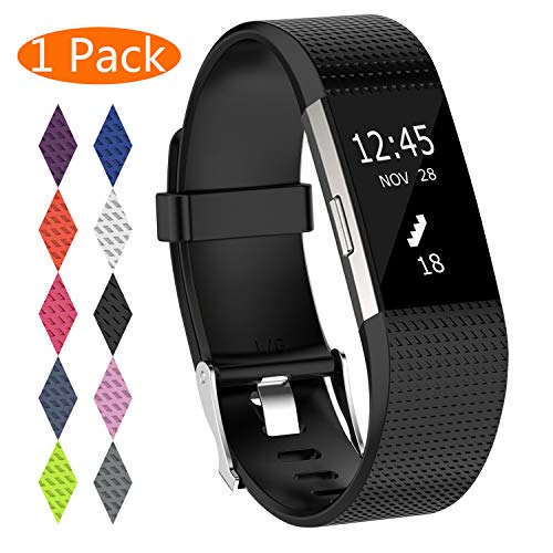 KingAcc Compatible Fitbit Charge 2 Bands, Soft Silicone Replacement Band for Fitbit Charge 2, with Metal Buckle Fitness Wristband Sport Strap Women Men (1-Pack, Black, Small)