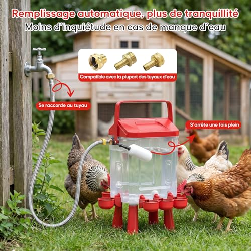 CHAMUTY Automatic Chicken Drinker 10 Litres with 8 Bowls, 8 Nipple Dispensers, Controlled Filtered Float, 1.5 m Stainless Steel Pipe, Automatic Chicken Water Dispenser for Ducks Geese