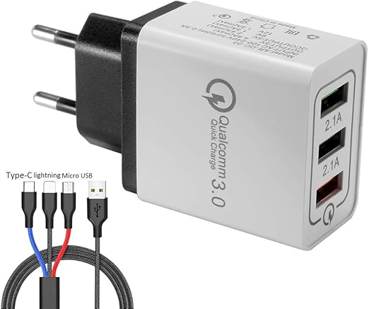 Cargadores De Pared Usb Cargadores De Enchufe Usb De 3 Puertos Adaptador De Corriente Con Cable De Carga 3 En 1 Para Iphone 11 Pro Xs Max Samsung S10e S9 Amazon Es Hogar