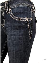 LA Idol dama Bootcut Jeans Fleur De vidrio Flap Stretch en azul oscuro Wash