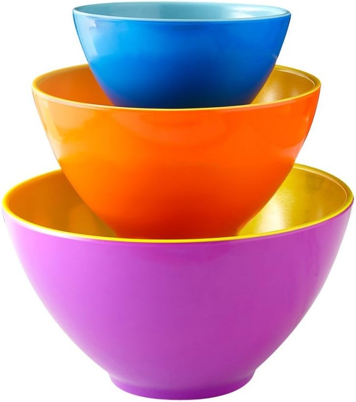 Colorful Melamine Mixing Bowls, Set of 3 - Two-Tone Nesting Design - Purple, Orange and Blue