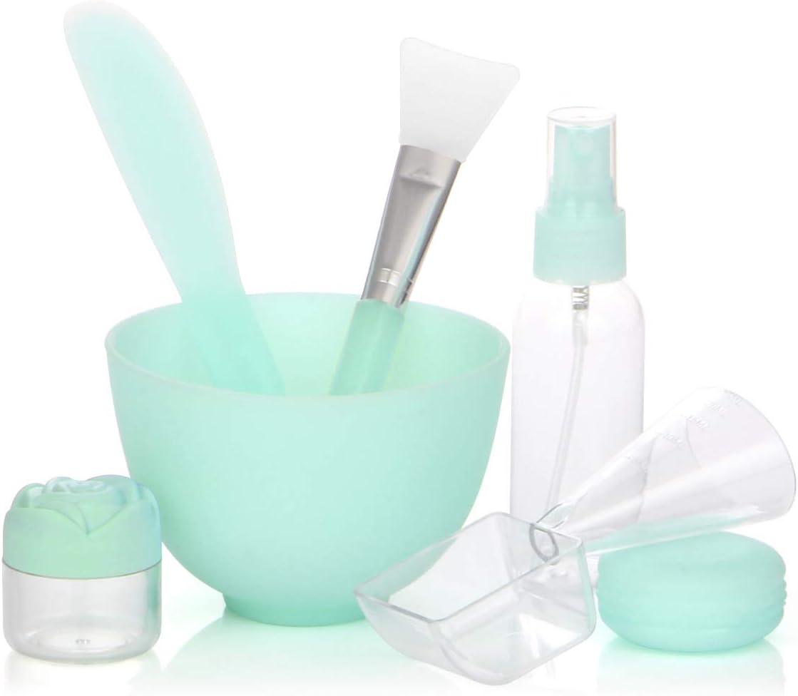 Fancytimes 7 in 1 Face Mask Mixing Bowl Set DIY Facial Mask Accessory Set, Measuring Spoon Soaking & Spray bottle Lady Facial Care & Women Face Care Mask Set Green