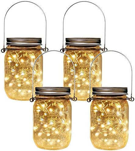 Huatuo 4 Packs Solar Lights for Garden - Mason Jar Lights Waterproof Fairy Lights Garden Indoor/Outside String Lights for Garden, Patio,Stairs,Christmas Decorations(Jars Included) Warm White