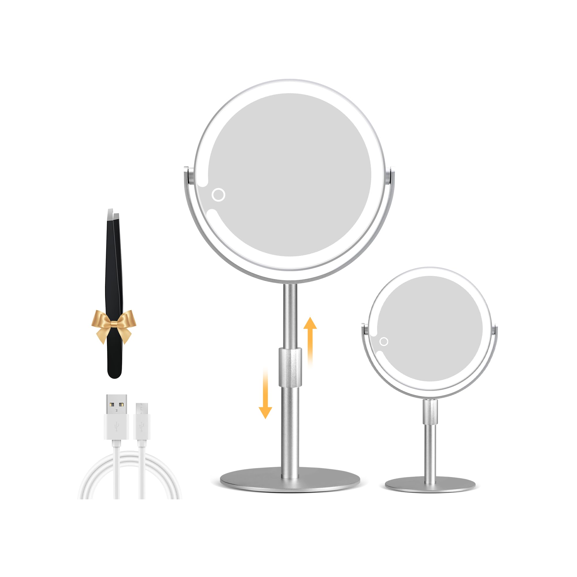 MOMOKUBA Magnifying Mirror with Light 20X, Height-Adjustable Lighted Makeup Mirror with Magnification, Double Sided Aluminum Alloy LED Mirrors, 3 Lighting Modes Ideal for Desk Bathroom Makeup, Sliver