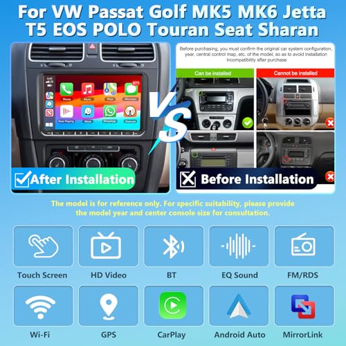 Motorsi Carplay Car Radio for VW Passat Golf MK5 MK6 Jetta Polo Touran Sharan Seat, 4GB+64GB Android Car GPS Radio Navigation WiFi FM/RDS EQ DSP SWC Bluetooth Canbus + Camera