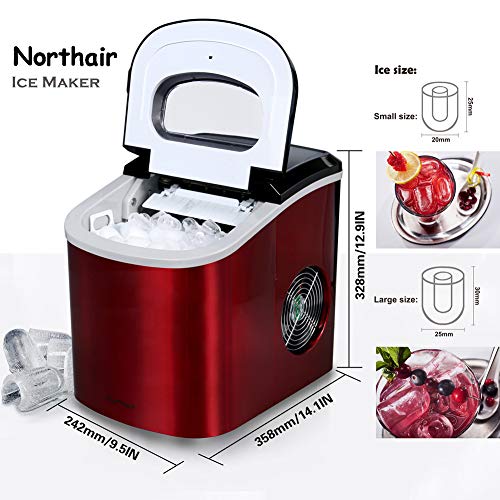 Northair Countertop Ice Maker Machine with 26lbs Daily Capacity, Stainless Steel Ice Cube Makers for RVs, Boats, Kitchens, Bars HZB-12/SA (Red) - Thumbnail 2