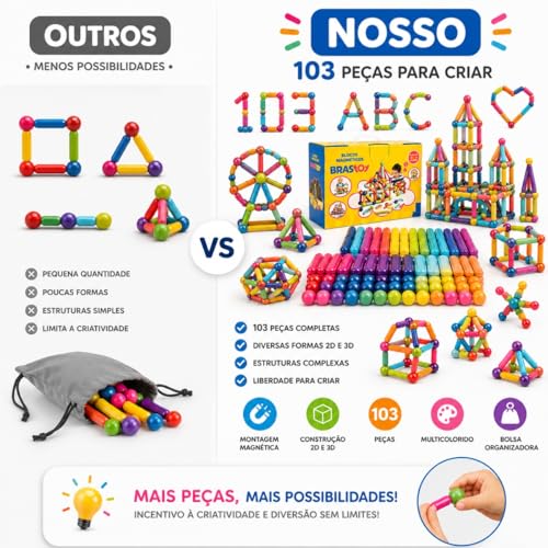 Blocos de Montar Magnéticos 64 Peças Construção 2D 3D Brinquedo Educativo Infantil Criatividade STEM Ímã Resistente Caixa