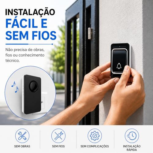 Campainha Sem Fio Bivolt à Prova d’Água Premium | 38 Toques | Alcance até 100m | Uso Residencial, Comercial ou Emergencial – Preto