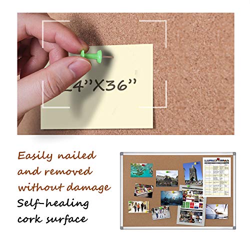 Cork Bulletin Board, 24 x 36 Aluminum Framed Notice Board Wall Mounted with Pins for Home, Office and School