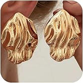 Chunky Gold Wavy Pleated Stud Trendy Earrings for Women, Statement Silver Hammered Textured Irregular Geometric Earring Unique Prom Party Jewelry Gifts