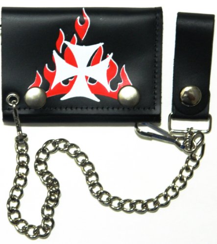 Independent Red Flames Biker Chain Leather Wallet Tri Fold