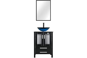eclife 24" Modern Bathroom Vanity Sink Combo Black Stand Cabinet Square Blue Tempered Glass Vessel Sink & ORB Water Save Faucet & Solid Brass Pop Up Drain with Mirror (A04 B02)