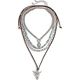 FFLaiwah Western Turquoise Layered Necklaces for Women Turquoise Beaded Choker Ox-head Pendant Necklace Jewelry Gifts for Cowgirls Accessories