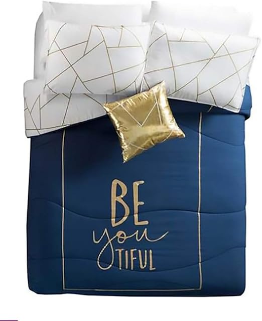 Amazon Com Vianney Gold Blue Reversible Comforter Set With White