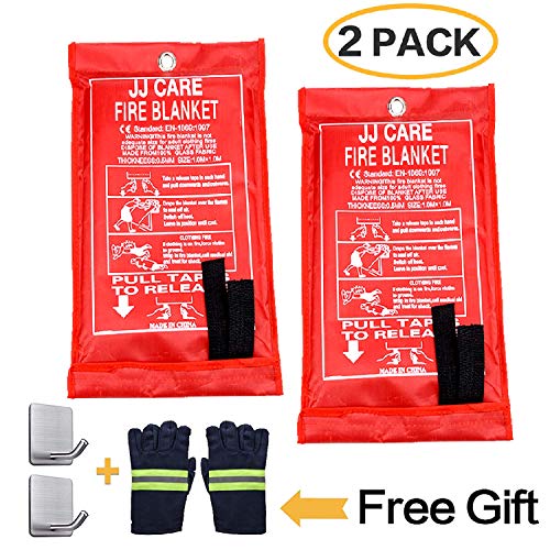 JJ CARE [Pack of 2] Fire Blanket Fire Suppression Blanket with Fire Protective Gloves -Suitable for Camping, Grilling, Kitchen Safety, Car and Fireplace Fire Retardant Blanket for Emergency 40″x40″