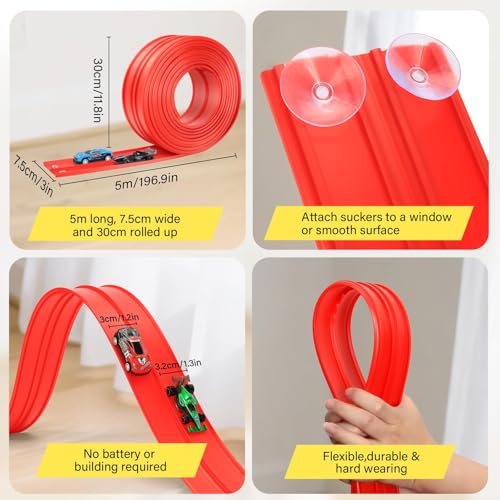 5m Flexible Car Race Track, Fits Hot Wheels & Diecast 1/64 Cars, Roll-Up Loop Track with 4 Mini Cars and 8 Suction Cups, Portable Flex Track Toy Gift for Kids Ages 3+