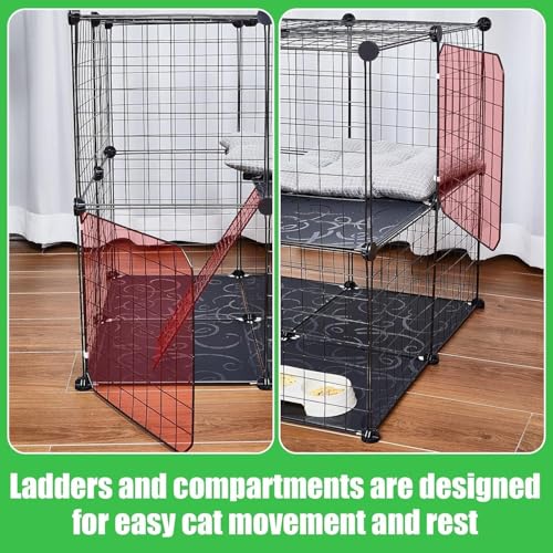 2 Tier Large Cat Cage Crate DIY Pet Playpen Detachable Dense Metal Wire Ferret Cage Indoor Cat Kennels for Kitten Puppy Bunny Exercise (Black, 27.56 x 27.56 x 27.56 Inches)