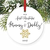 Mommy & Daddy Ornament 2017, New Mother & Father Snowflake Porcelain Ornament, 1st Christmas as Mom & Dad, 3