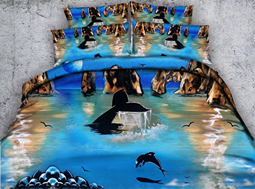 WarmGo Customized Duvet Cover Set 3D Dolphin Prints 4 Pieces 3D Ocean Bedding Sets Quilt Cover Set (1 Duvet Cover+1 Flat Sheet+2 Pillowcases) Full - Without Comforter