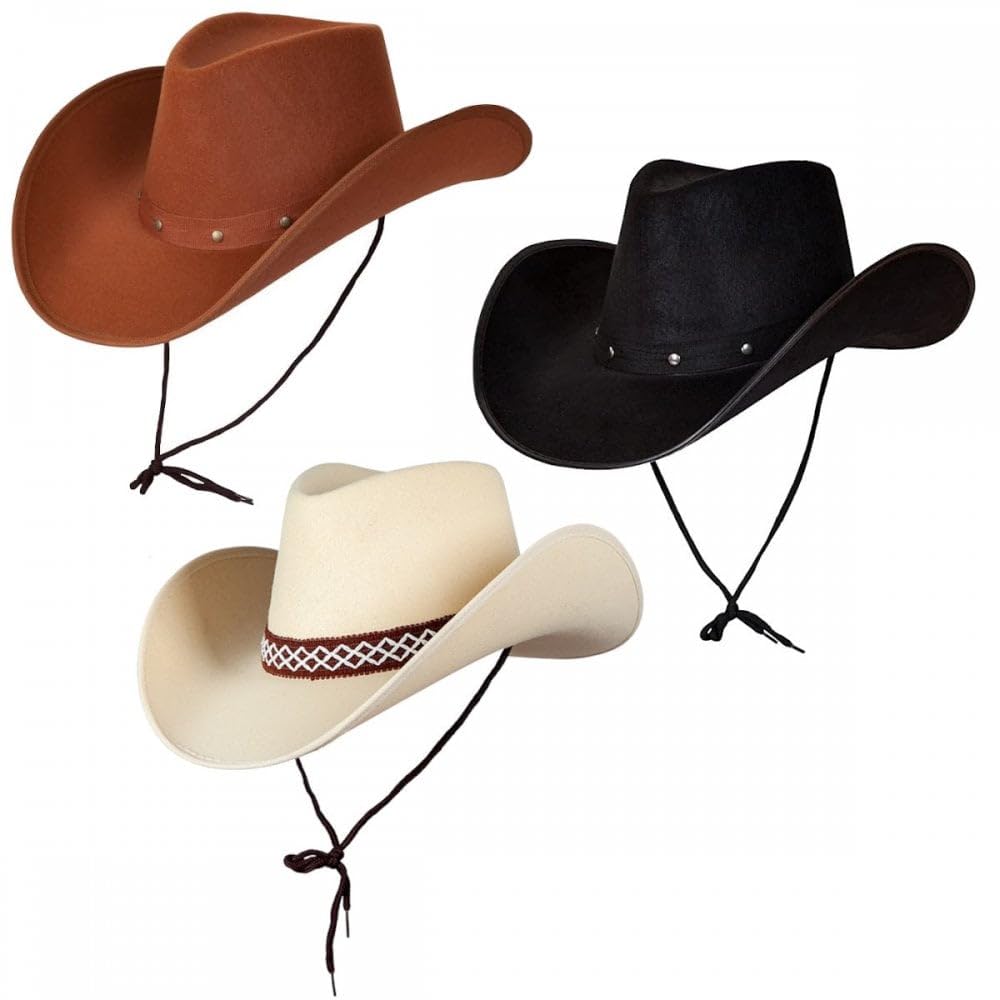 Titch & Timbo Texan Cowboy Cowgirl Hat 3 Pack (Multiple Options) : Adult Unisex Fancy Dress Party Accessory Country Western Rancher Rodeo Wild West Music Festival (Brown/Sand/Black)