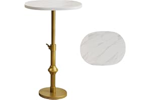 WHGBJA Marble Drink Table, 10"x12"x(22“~30") Martini Table with Metal Antique Brass Adjustable Stand Base, Drink Tables for Small Spaces, Living Room, Bedroom, Or Office (White)