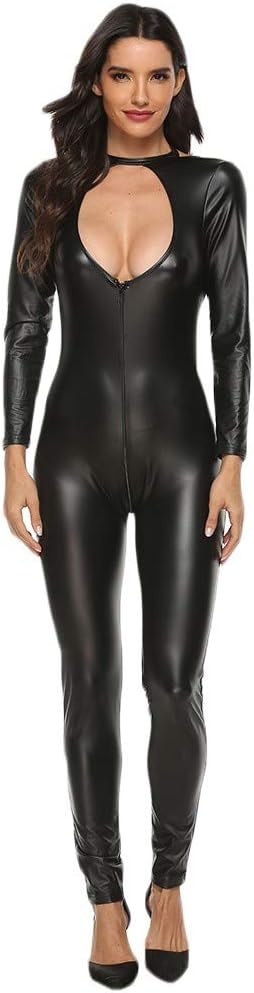 Leather Bodysuit for Women,PVC Leather Wet Look Bodycon Clubwear,Zipper Naughty Negligee Teddy Jumpsuit Tigivemen