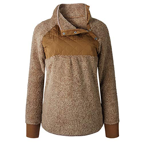 Rambling Women's Warm Long Sleeves Oblique Button Neck Splice Geometric Pattern Fleece Pullover Coat Sweatshirts Outwear (Coffee, S)