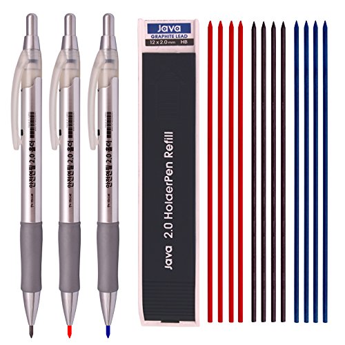 You&me Feel luck 2.0 mm Lead Holder Pen Mechanical Pencil for Draft Drawing,Carpenter,Crafting, Art Sketching Sharpener (Pack of 3 Pens) + (2.0 mm Lead 1 Tube-Red 4+Blue 4 + Black 4=12 Leads)