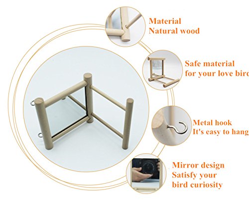 Zafina-UP Parrot Natural Wooden Mirror Toy Bird Perches Play Platform Stand Cage Interactive Toys for Cockatiels Parakeets