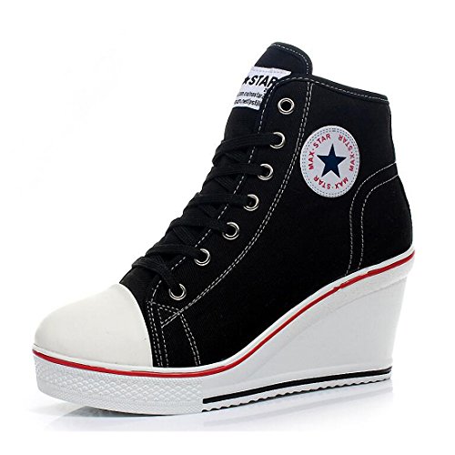 mewow Womens Girl's Casual Plus Size High Top Wedge Heel Canvas Shoes Fashion Sneaker (5.5, Black)