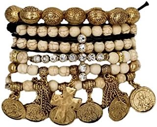 Aris Huge Stack Bohemian Beaded &amp; Charm Stretch Bracelet Bundle: Bangles &amp; Bag (Gypsy Coins Natural)