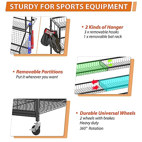 Gadroad Garage Sports Equipment Organizer, Ball Storage Rack, Sports Gear Storage, Garage Ball Storage, Garage Organizer with Baskets and Hooks, Rolling Sports Ball Storage Cart, Black