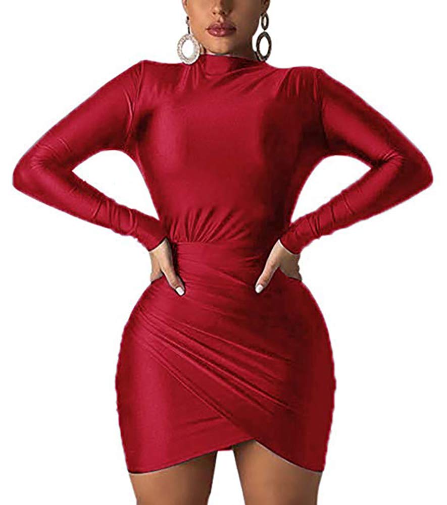 Women\'s Long Sleeve Bodycon Dresses - Sexy Ruched Tulip Hem Sheath Mini Dresses Medium Wine Red